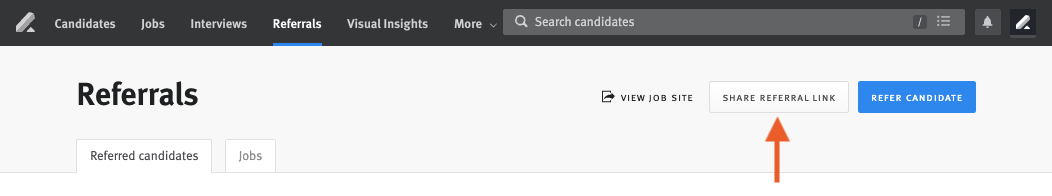 Social Referrals tab on the Interviews page with arrow pointing to Get Referral Link button