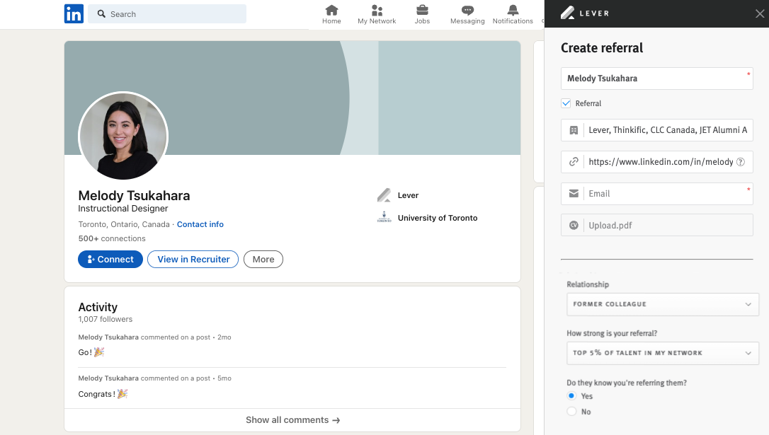LinkedIn profile with Lever Chrome extension expanded containing referral form fields