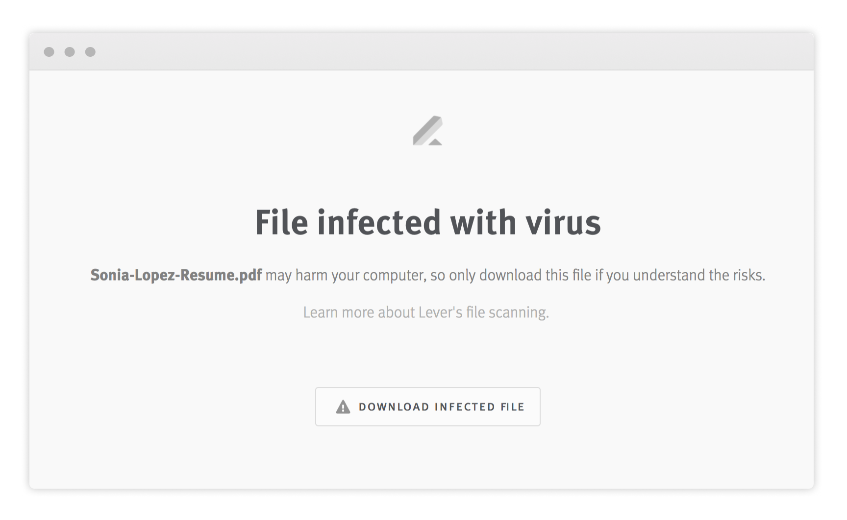File infected with virus warning modal