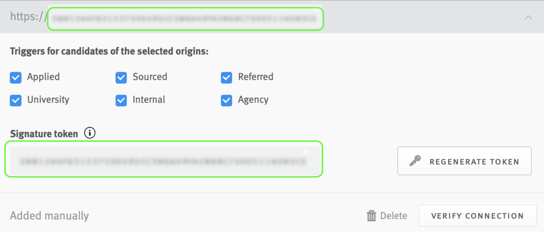 Webhook configuration tile in Lever settings