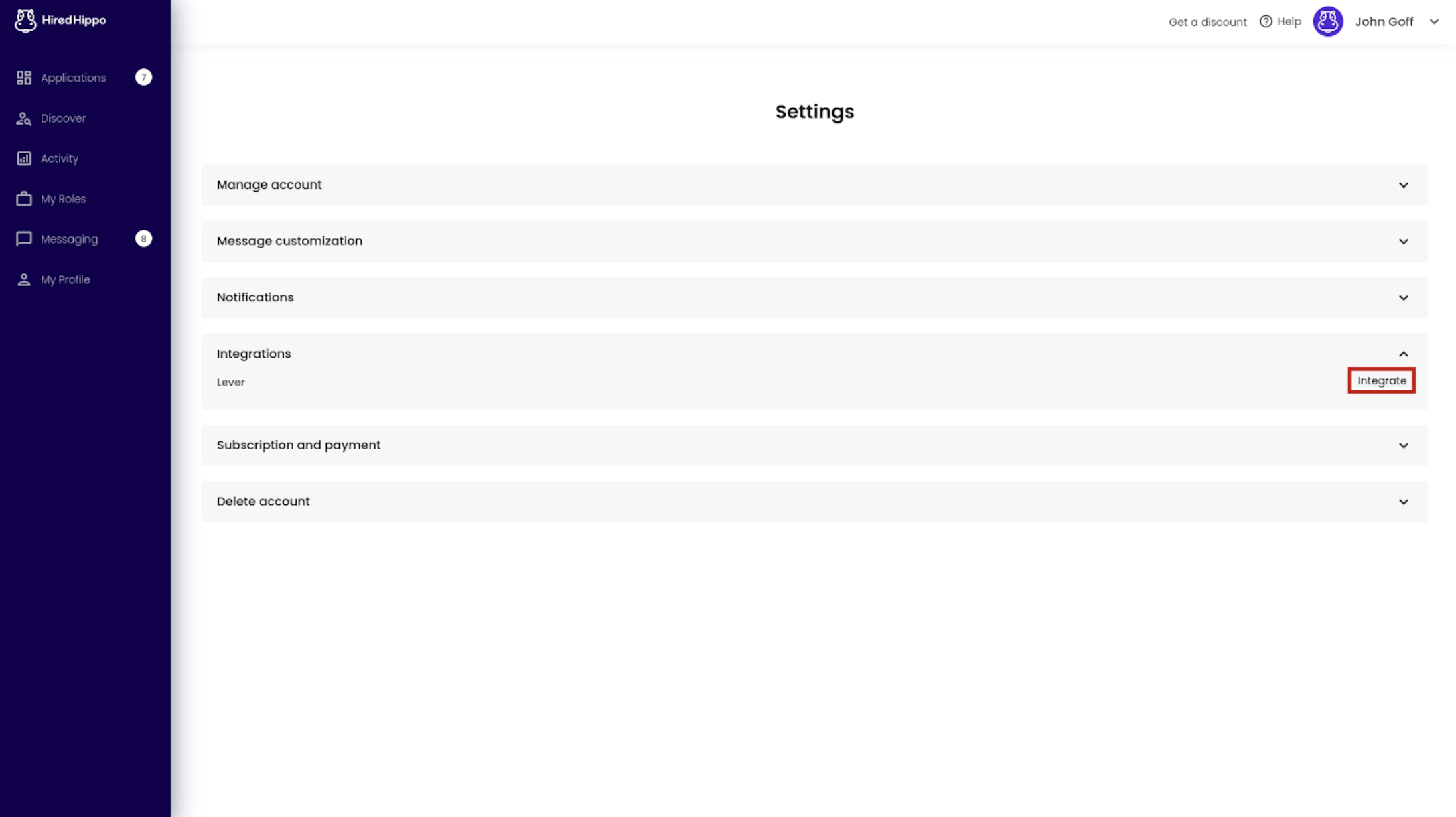 Integrate button outlined on Lever integration listing in HiredHippo settings