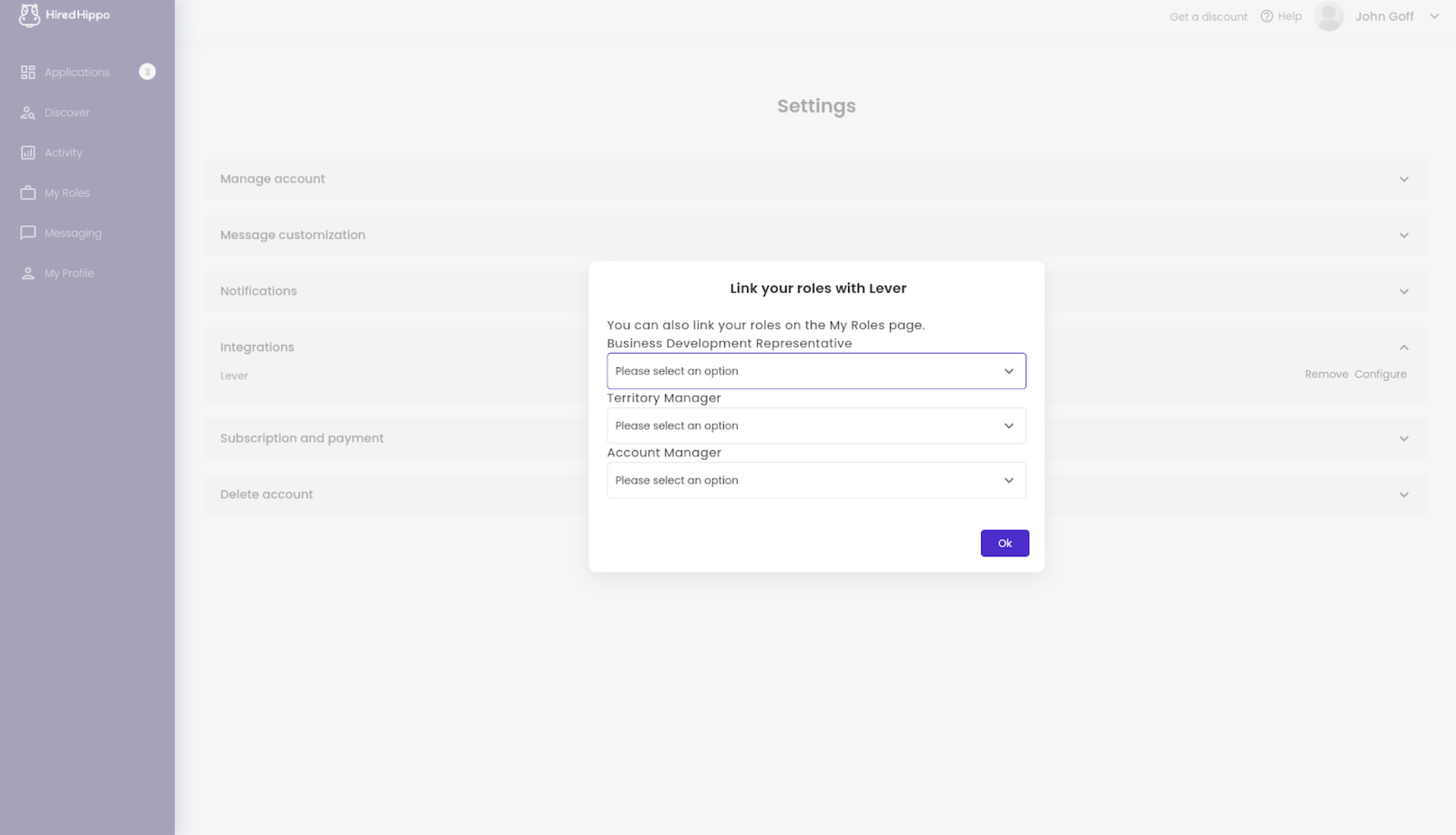 Role configuration modal in HiredHippo