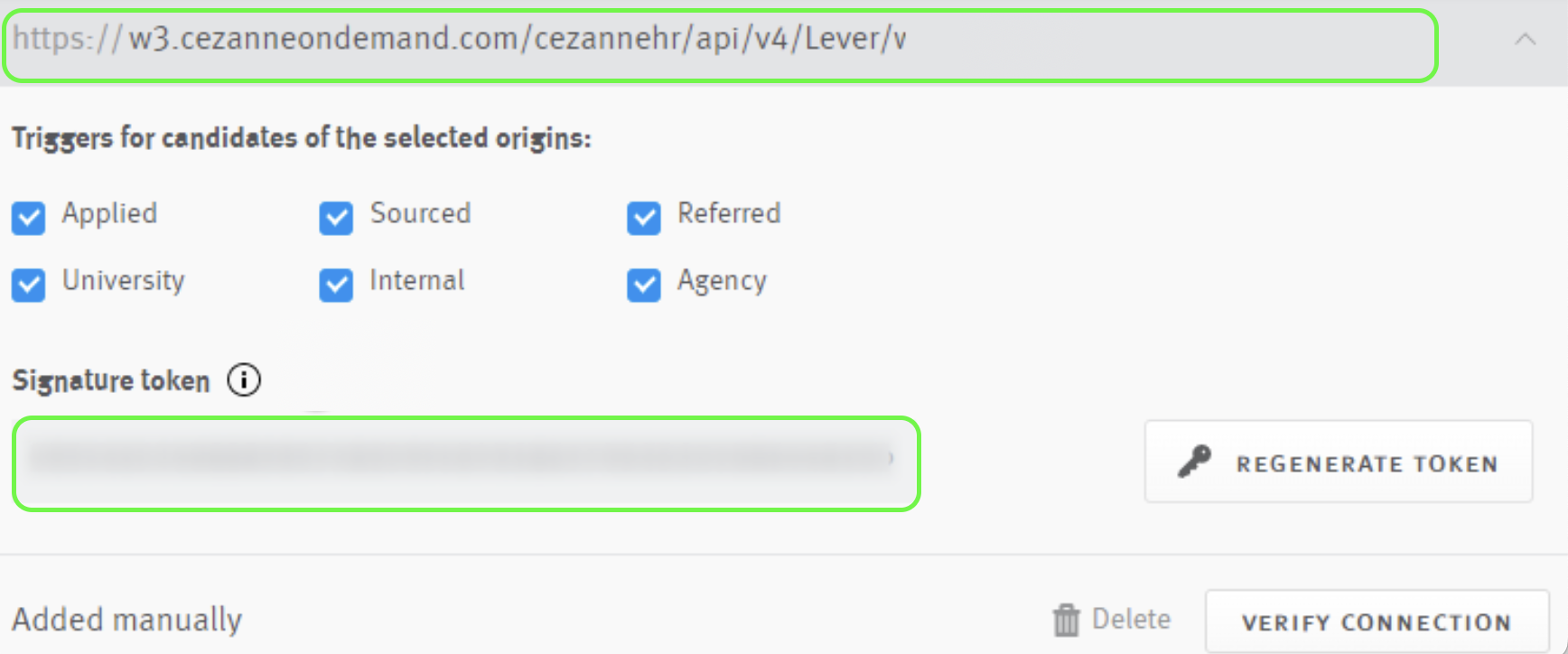 Webhook configuration interface in Lever with URL and signature token fields outlined