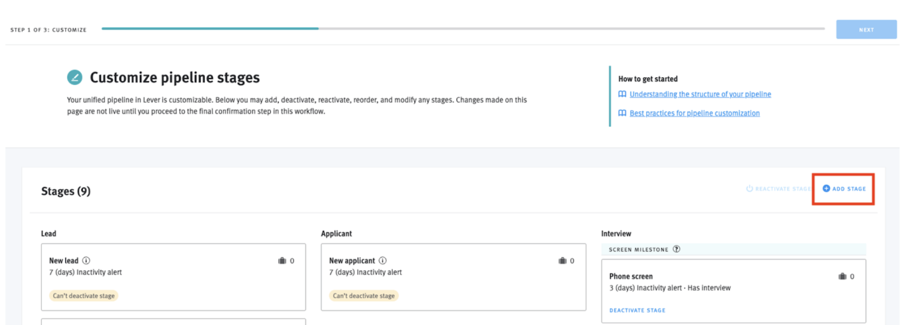 Pipeline customization workflow in Lever; Add stage button outlined