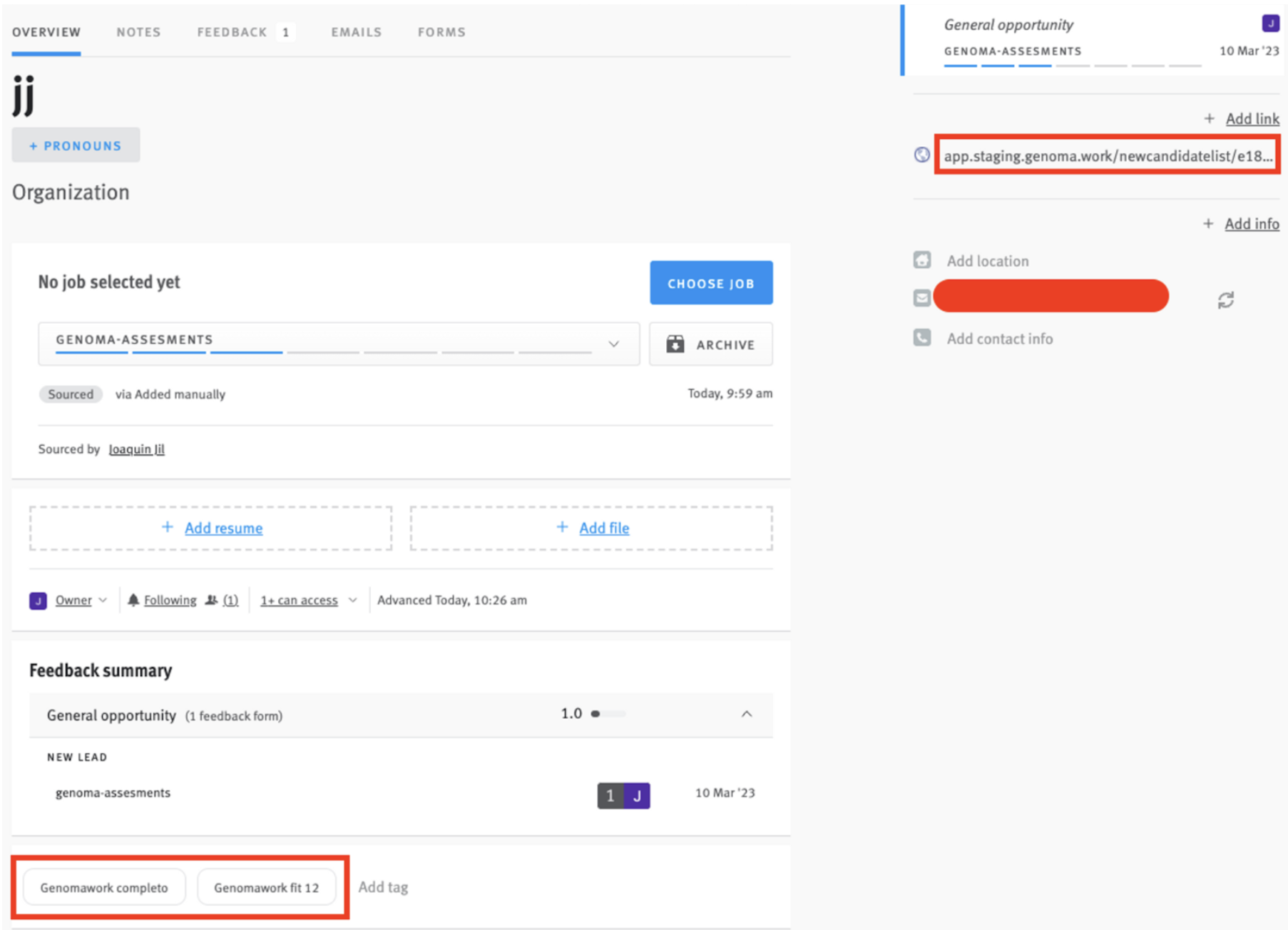 Genomawork tags and link outlined on candidate profile in Lever