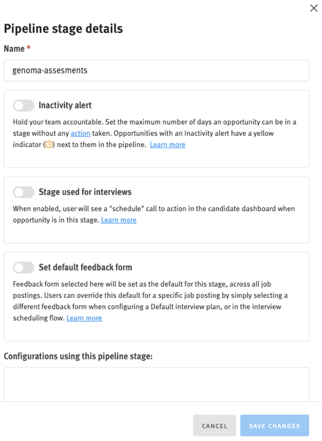 Pipeline stage details modal in Lever