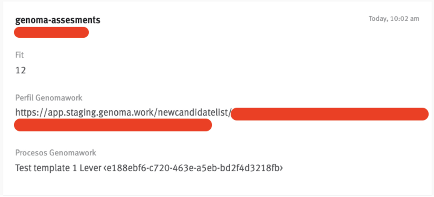 genoma-assessments entry on candidate story in Lever with score and link to candidate profile in Genomawork