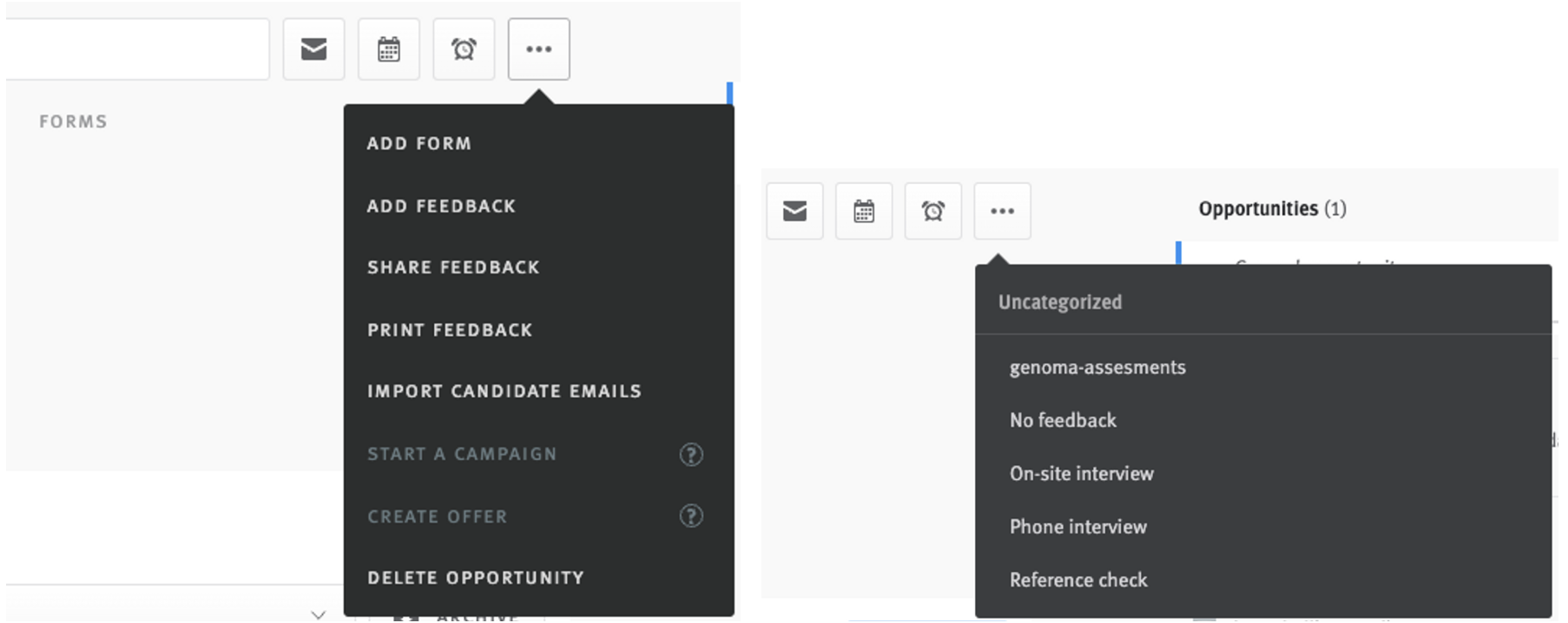Two frames. Left frame: Menu expanded from ellipses button on candidate profile in Lever. Right frame: Form list in menu