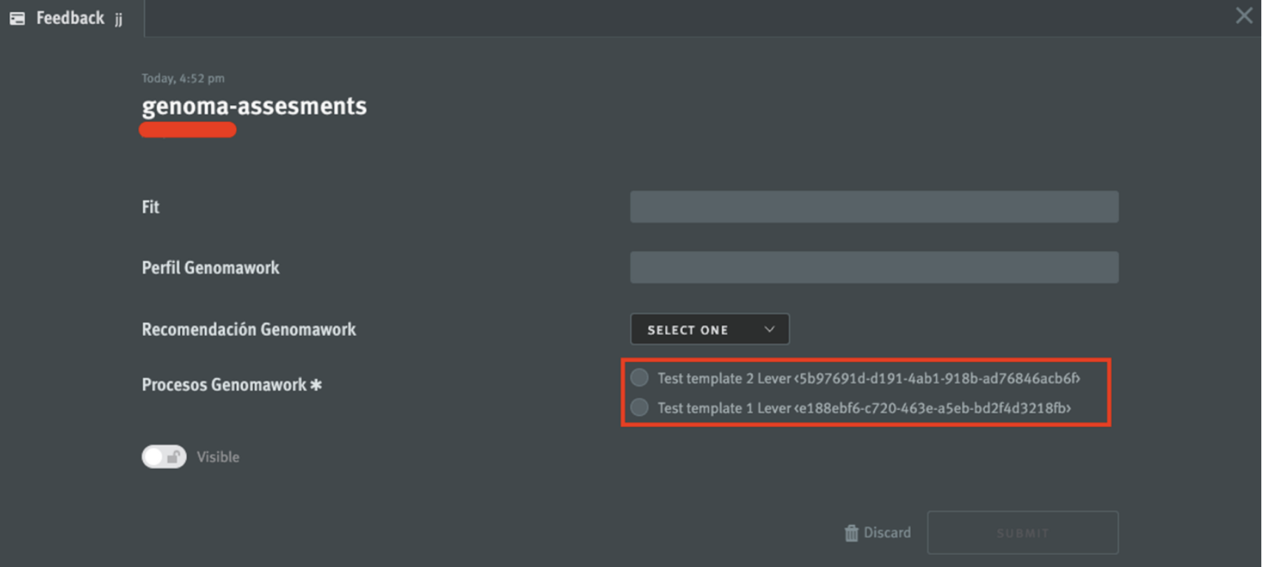 genoma-assessments form in Lever; Procesos Genomawork options outlined