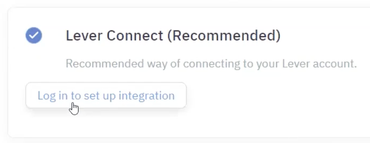 Cursor over Log in to set up integration button on Lever Connect tile