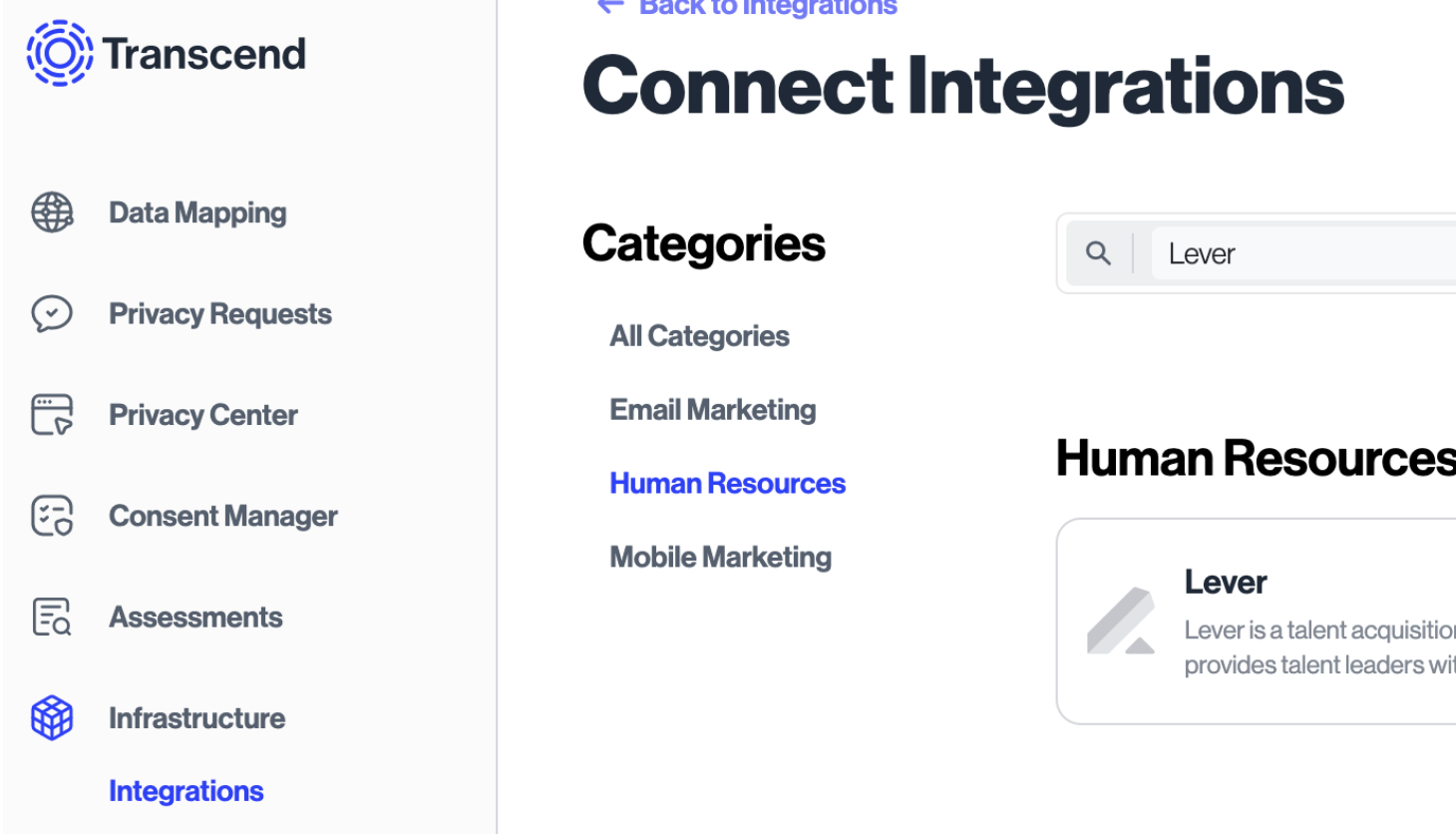 Lever tile listed under Human Resources integrations in Transcend