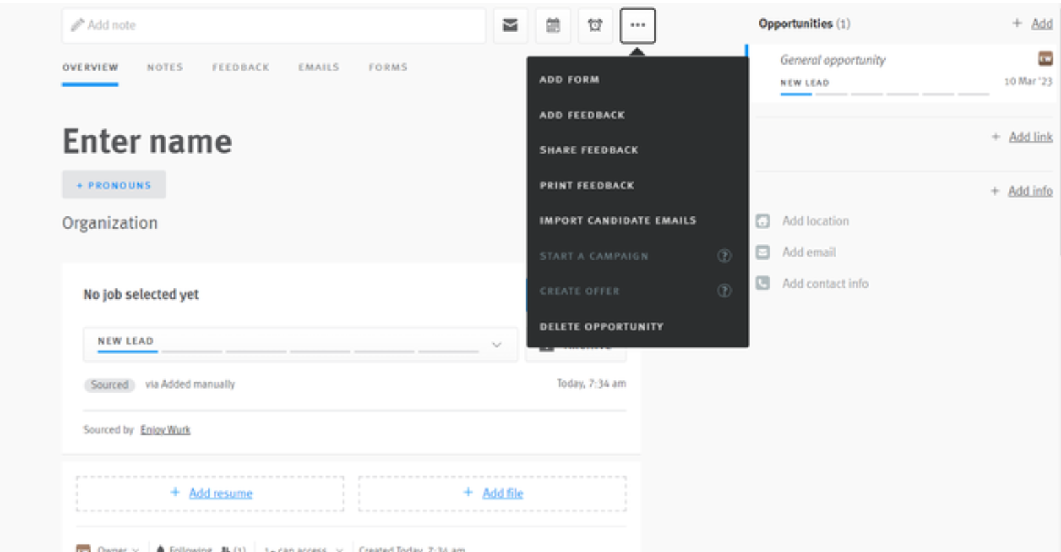 Menu extending from ellispses button on candidate profile in Lever