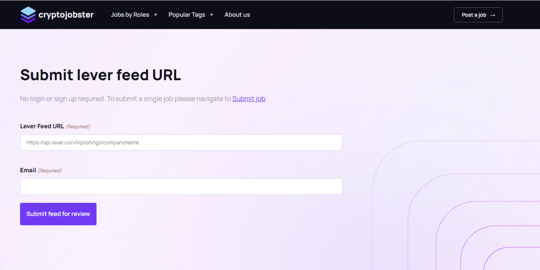 Submit Lever feed URL page on Cryptojobster website