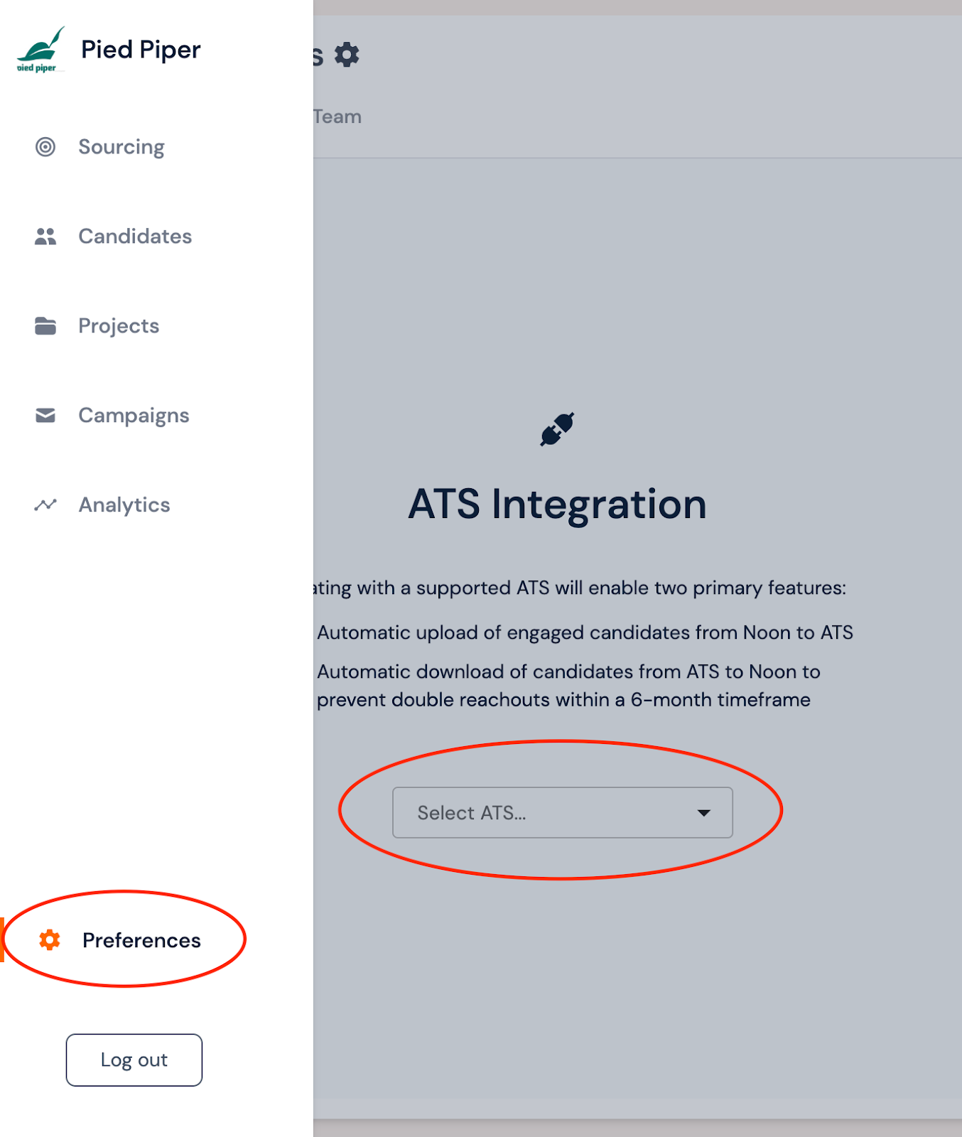 Navigation column expanded on Noon AI with Preferences options outlined; select ATS dropdown menu is also circled in the background