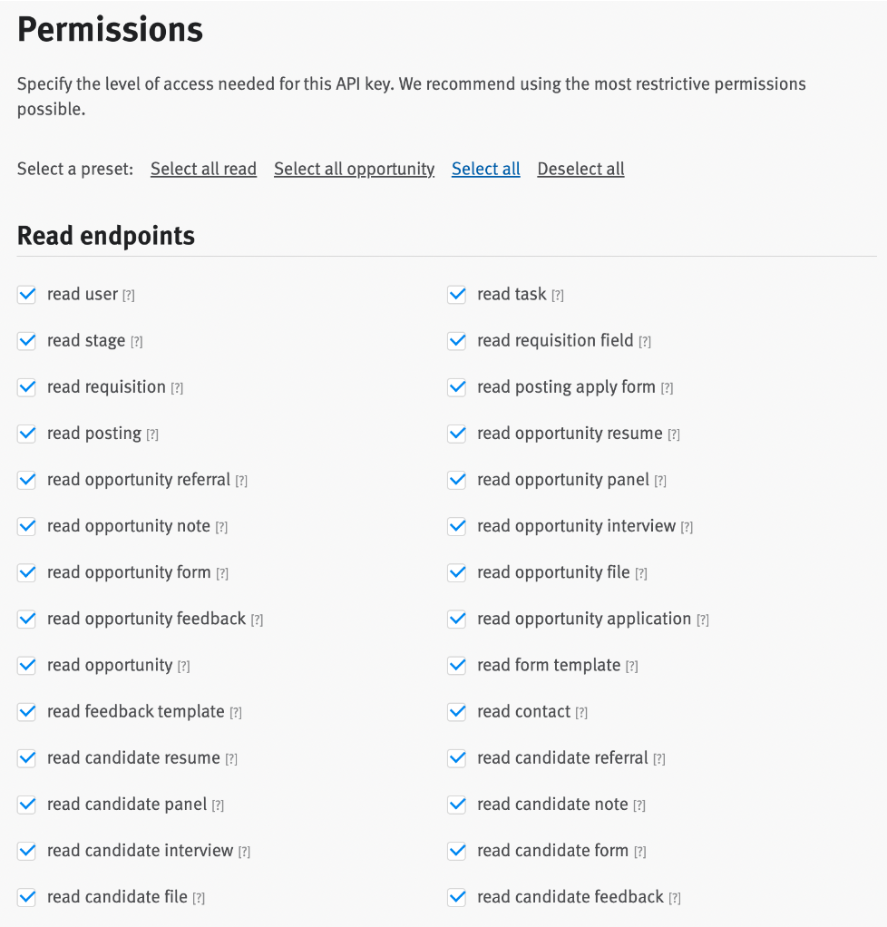 Read endpoints list under Permissions heading with all endpoints selected