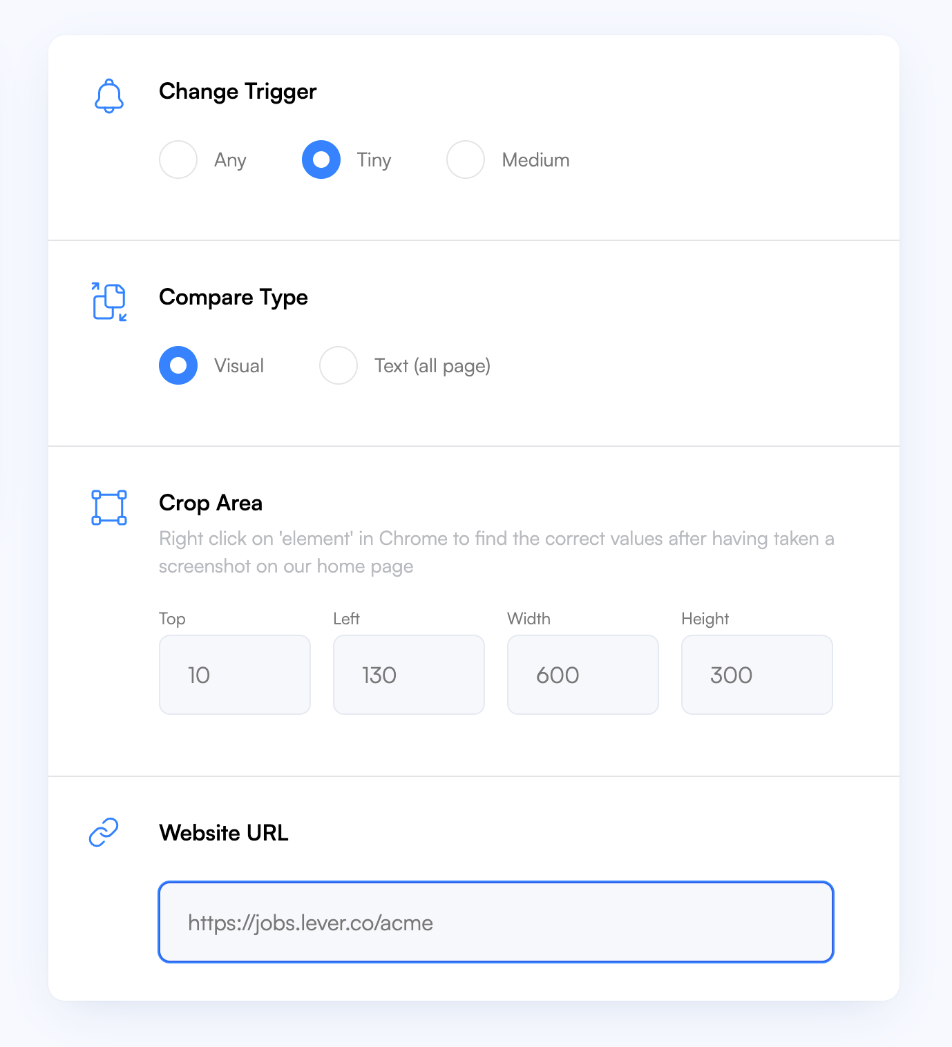 Monitor settings configuration in Visualping