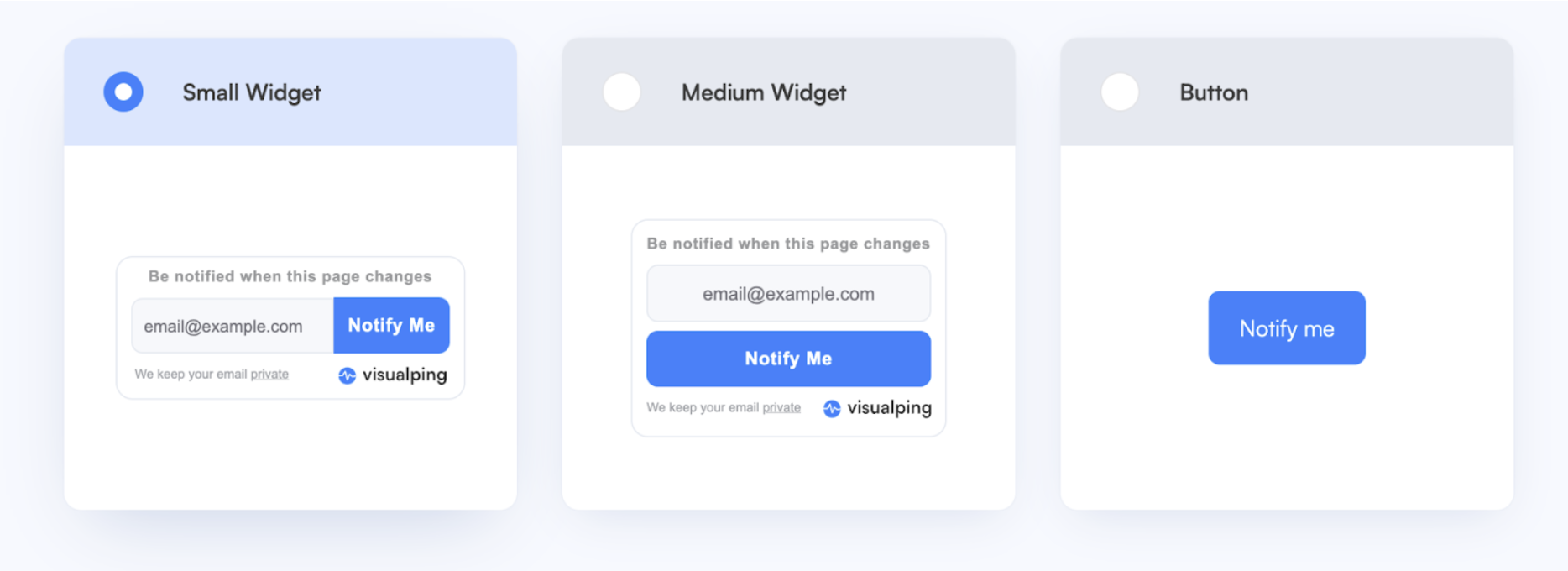 Design selection options in Visualping