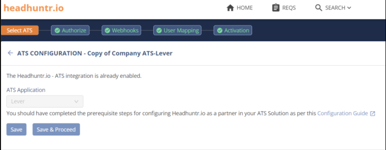 ATS configuration page in headhuntr.io