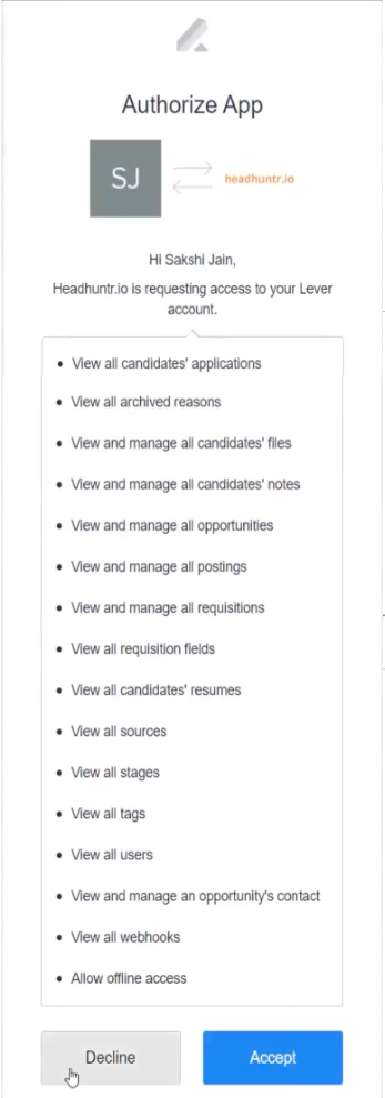 App authorization modal with listed permissions