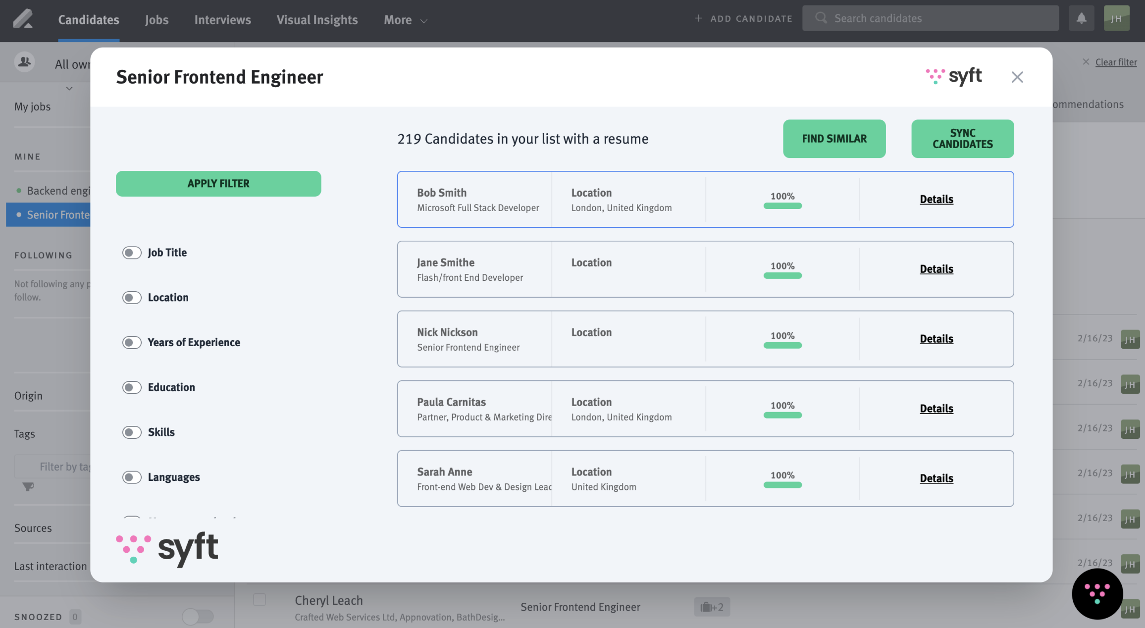 List of Syfted candidates in Lever subwindow