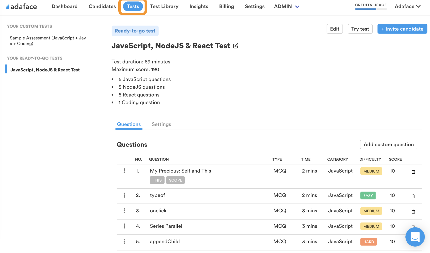 Tests page in Adaface