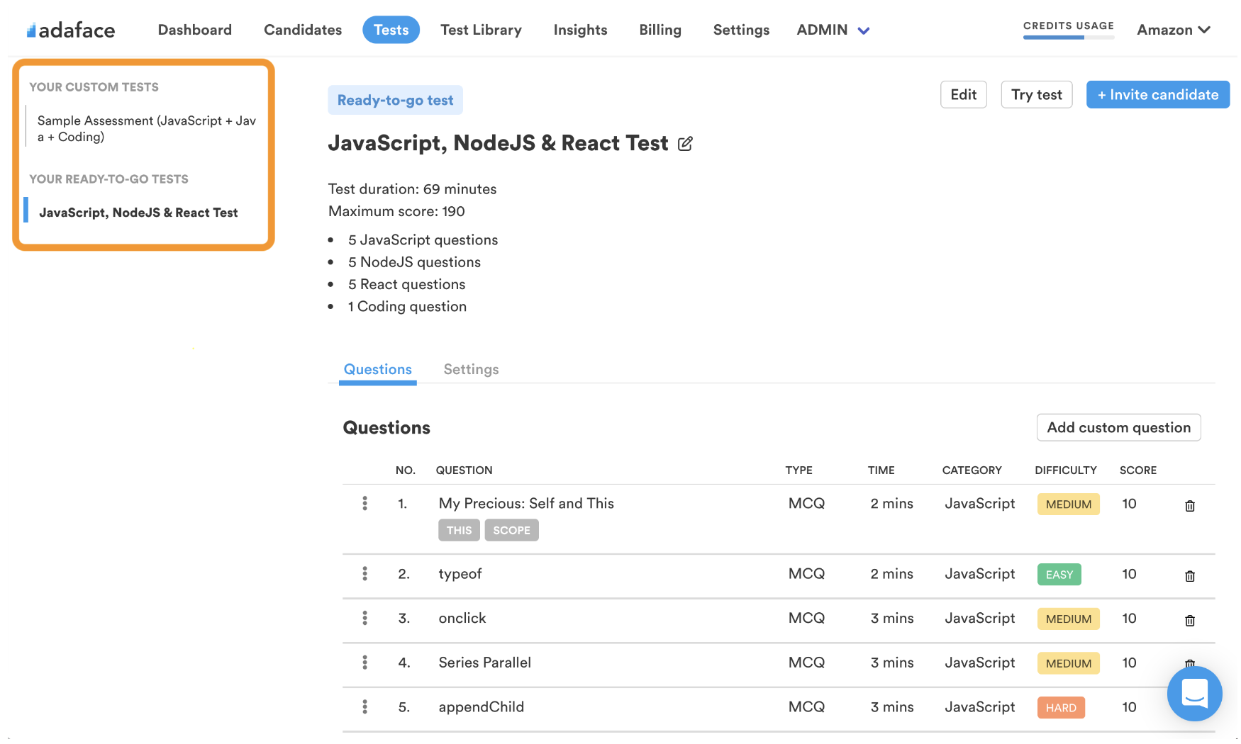 Custom tests list outlined on Tests page in Adaface