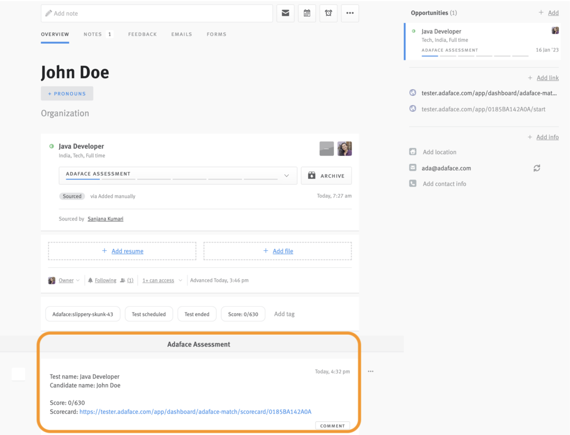 Link to Adaface assessment outlined on note on Lever candidate profile