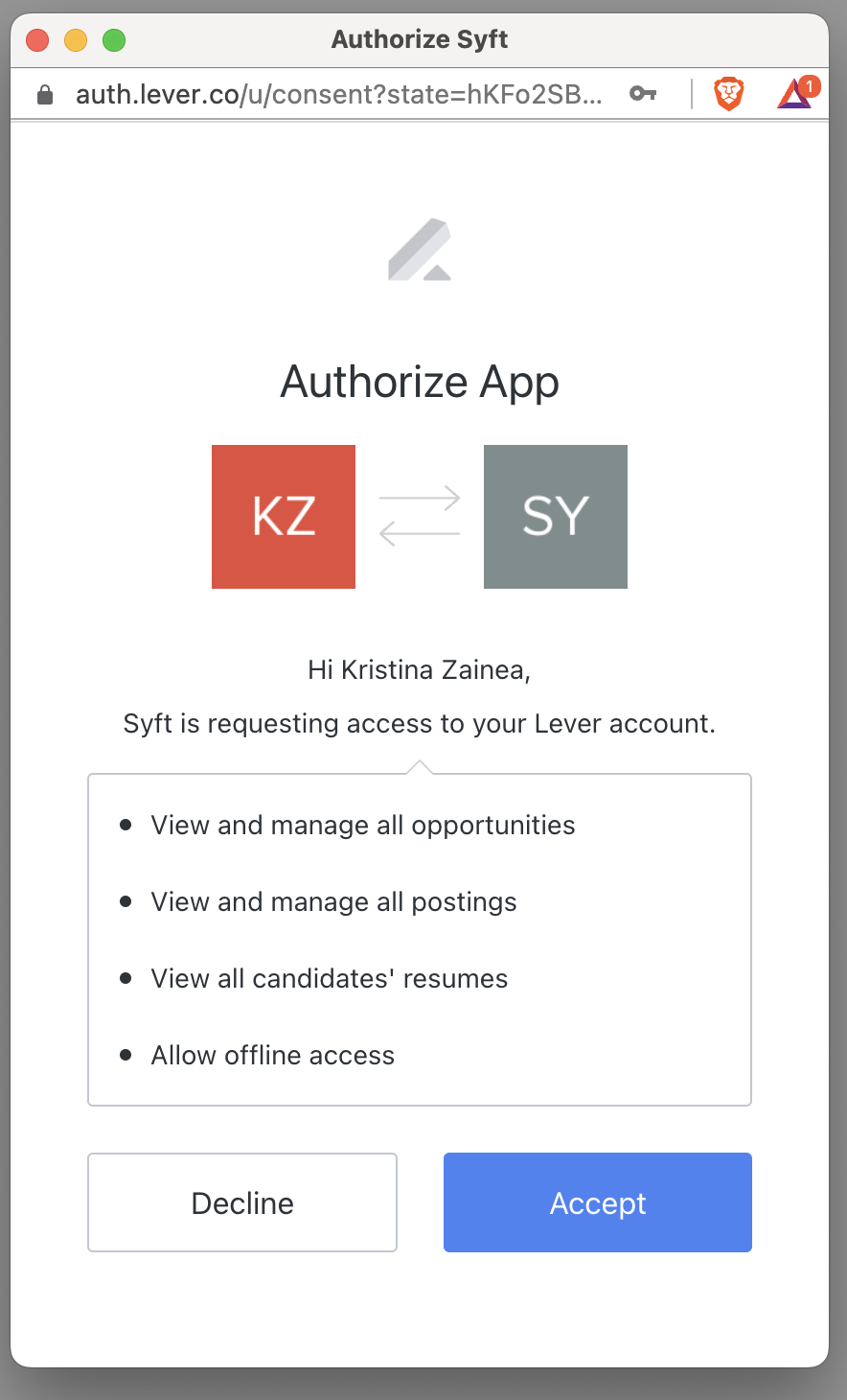 App authorization modal between Lever and Syft