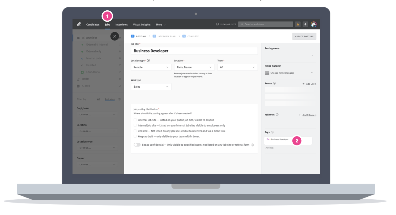 Job posting editor in Lever with tag field labelled