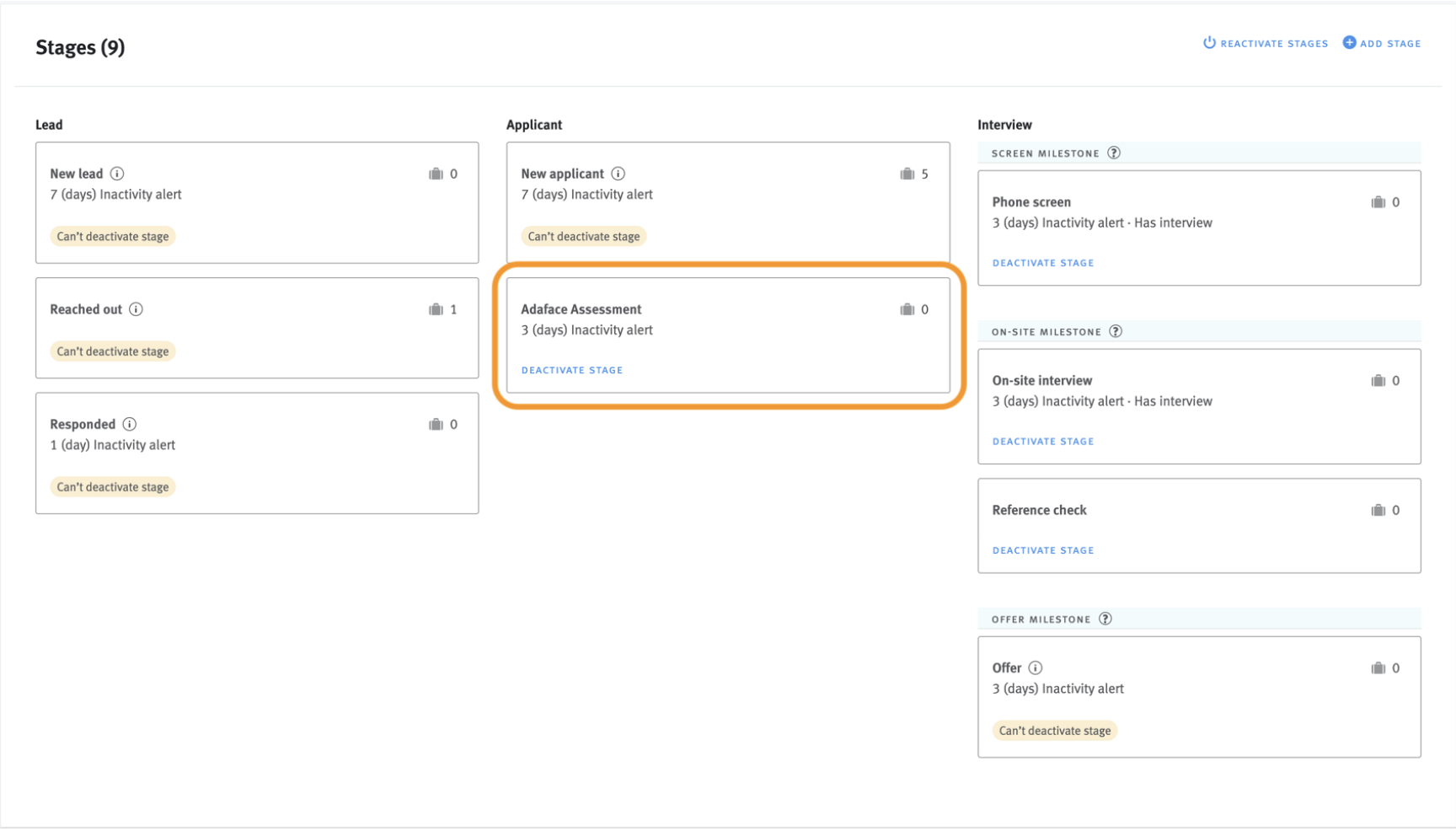Newly created stage card outlined in Lever pipeline editor