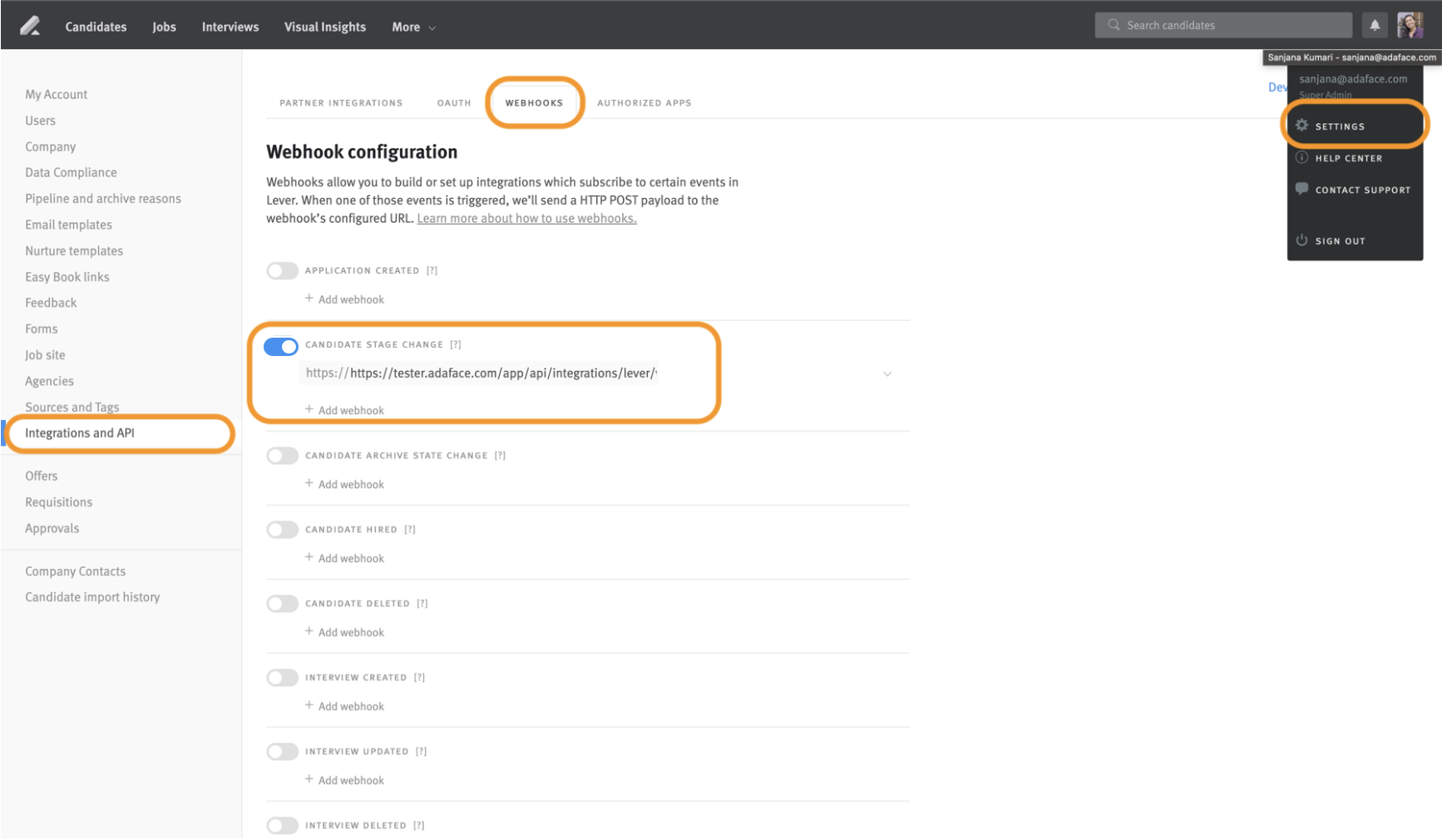 Candidate stage change webhook tile outlined on Lever webhook settings page