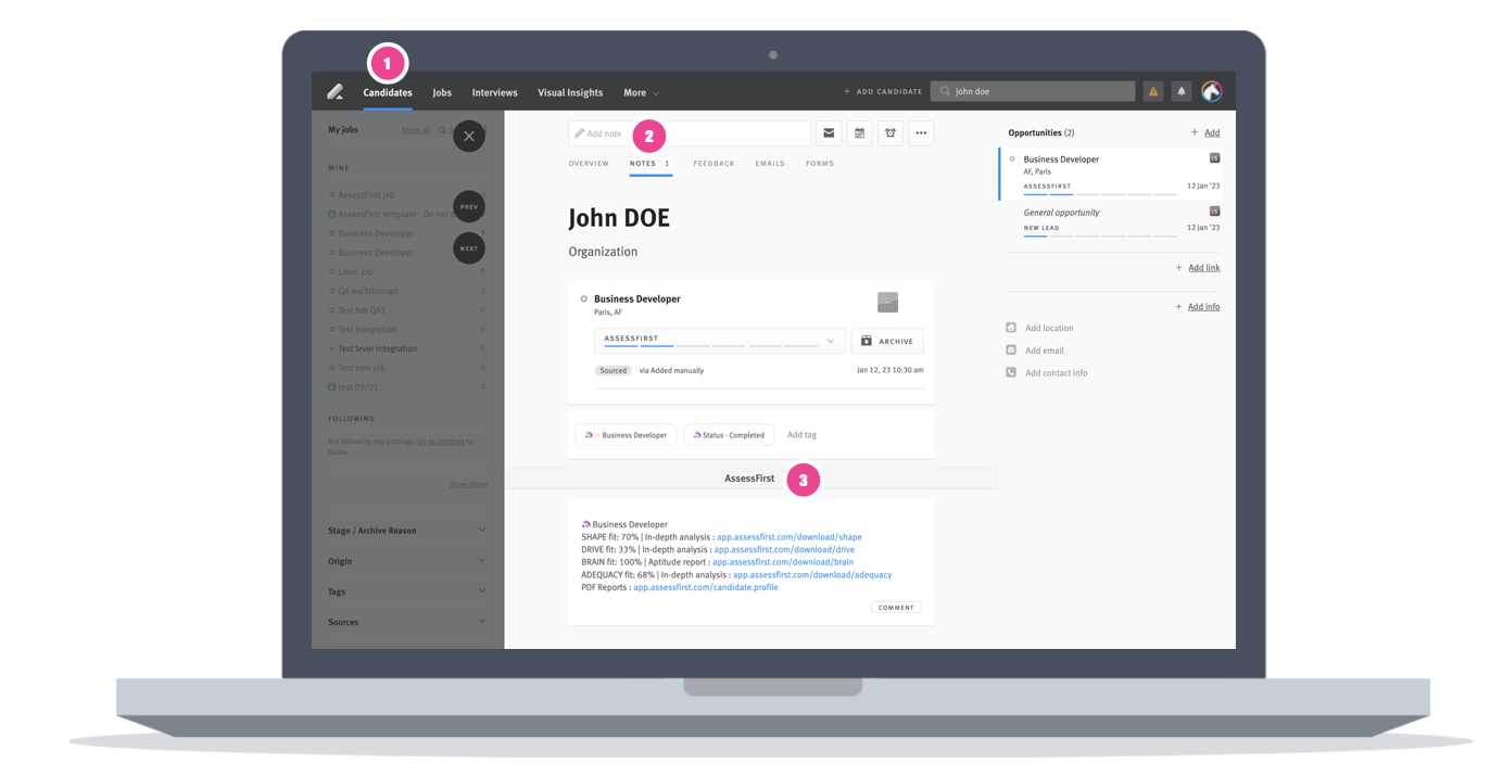 Notes section of candidate profile with AssessFirst scores and report