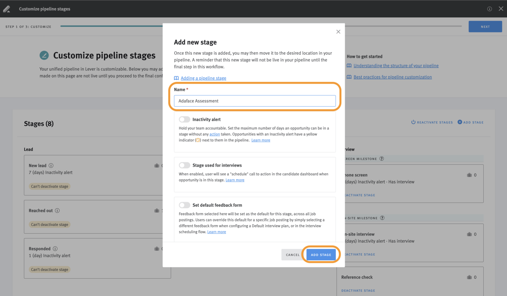Name field outlined on stage creation modal in Lever