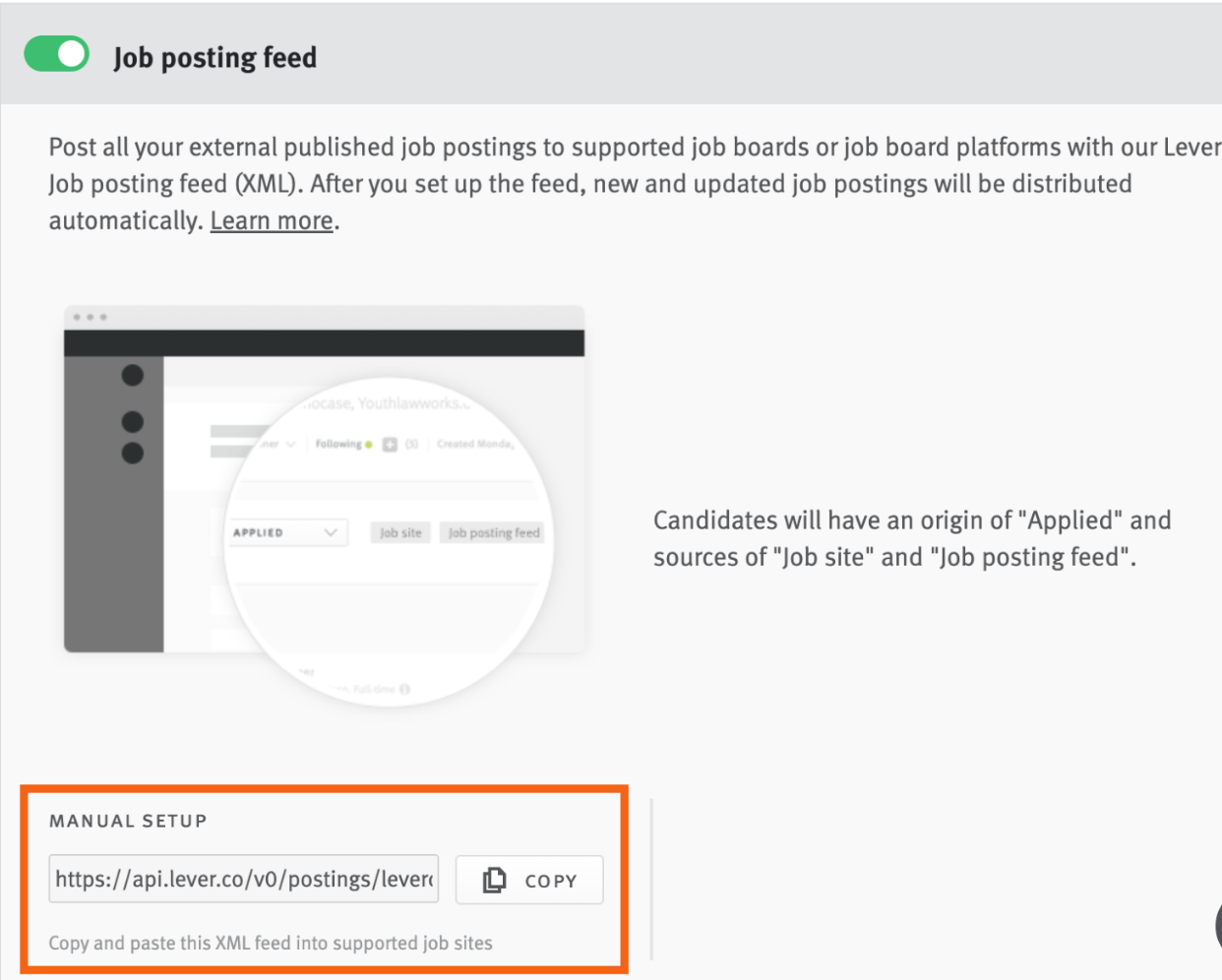 Job posting feed tile in Lever Settings with XML feed field outlined