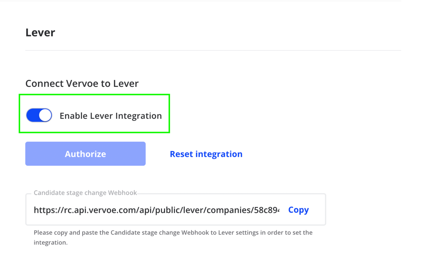 Enable Lever integration toggle in Vervoe