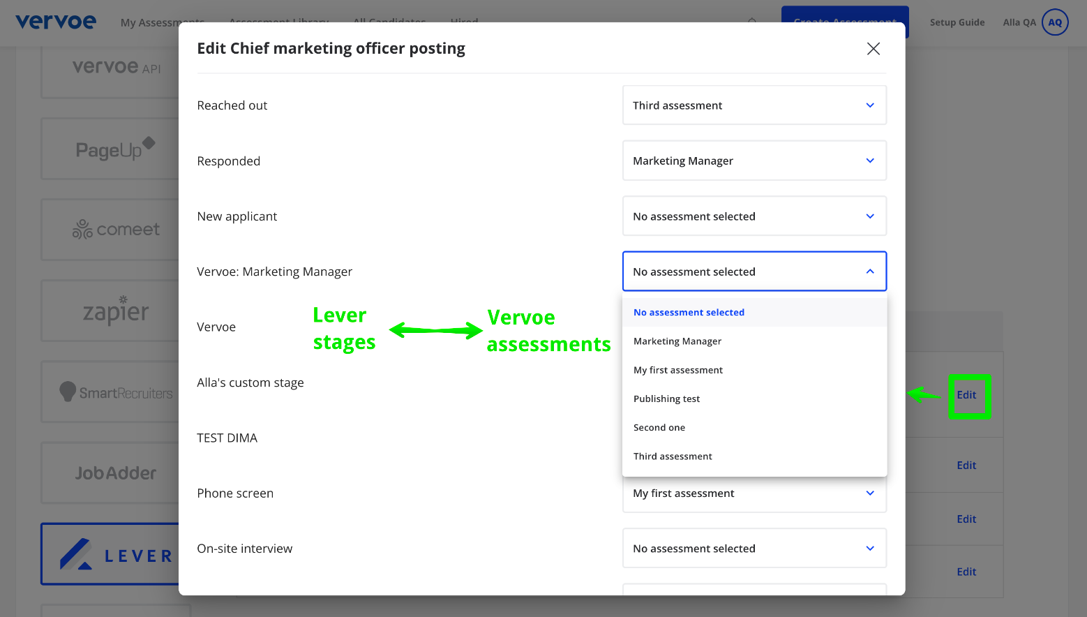 Posting details modal in Vervoe with assessment menu expanded