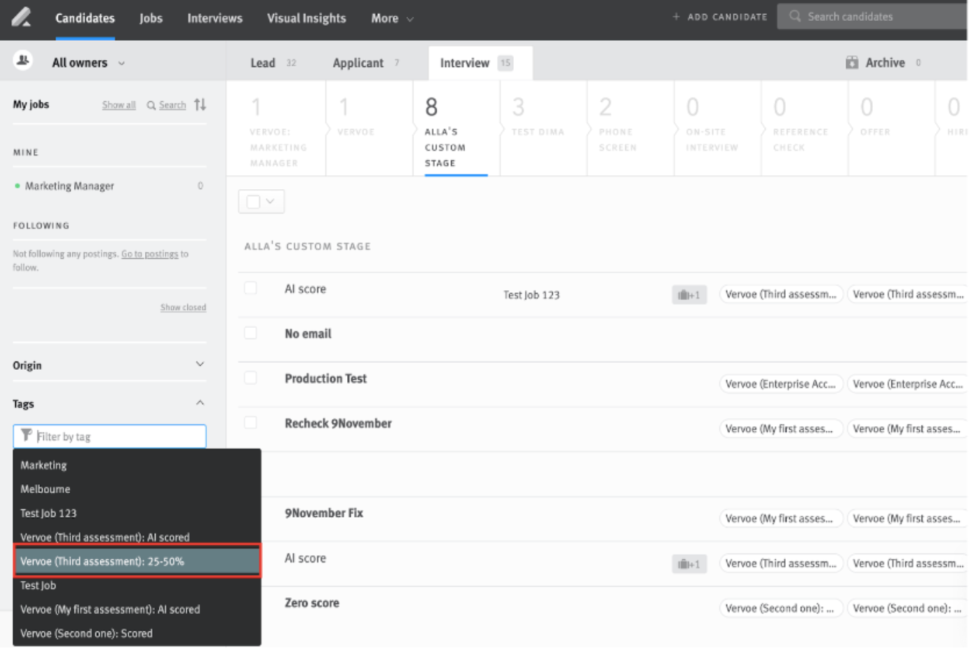 Tags pipeline filter expanded in Lever showing tags with Vervoe assessment score ranges