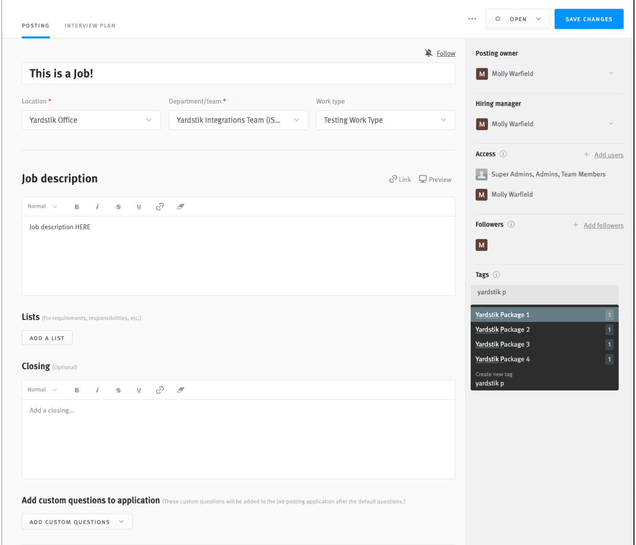 Posting editor with tags menu expanded and Yardstick packages listed.