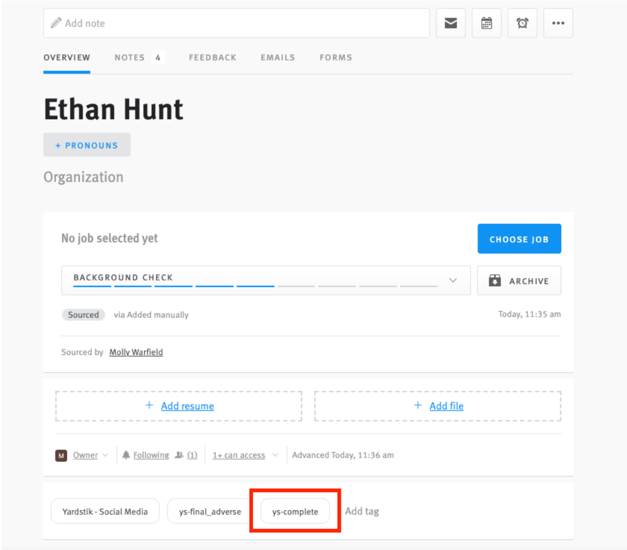 Candidate profile with completed status tag outlined.