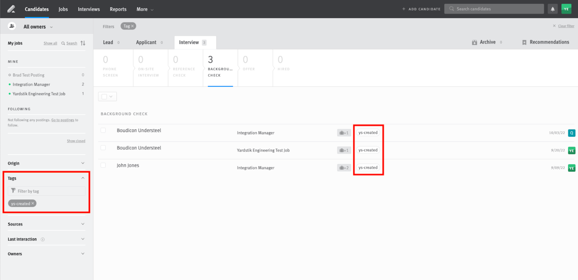 Opporutnity list in Lever with status tags on opportunities and tags filter outlined.