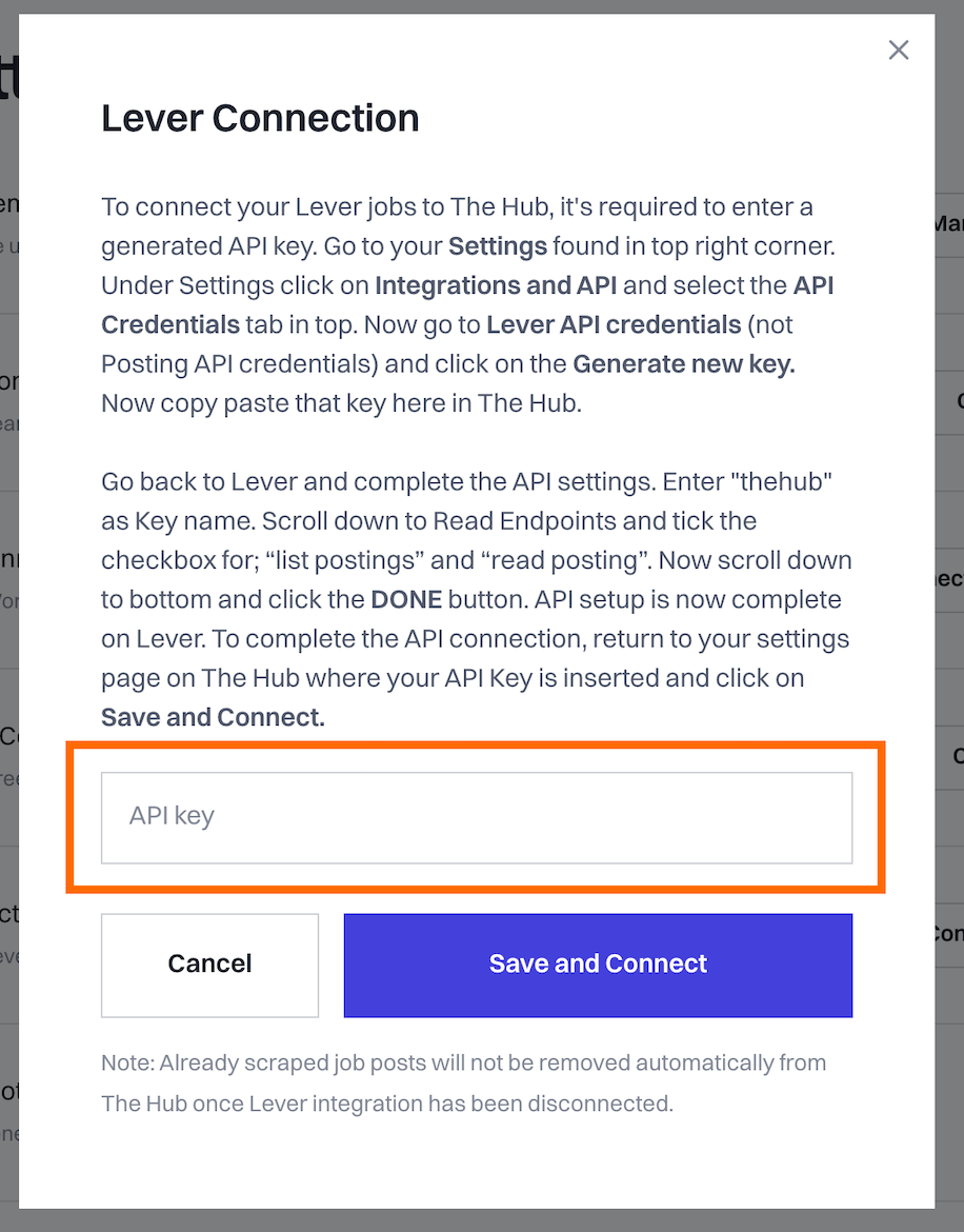 Lever Connection modal in The Hub with API key outlined.