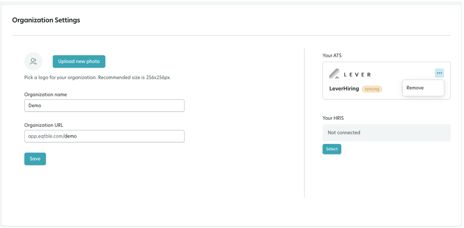 eqtbl organization settings showing Lever ATS and remove option