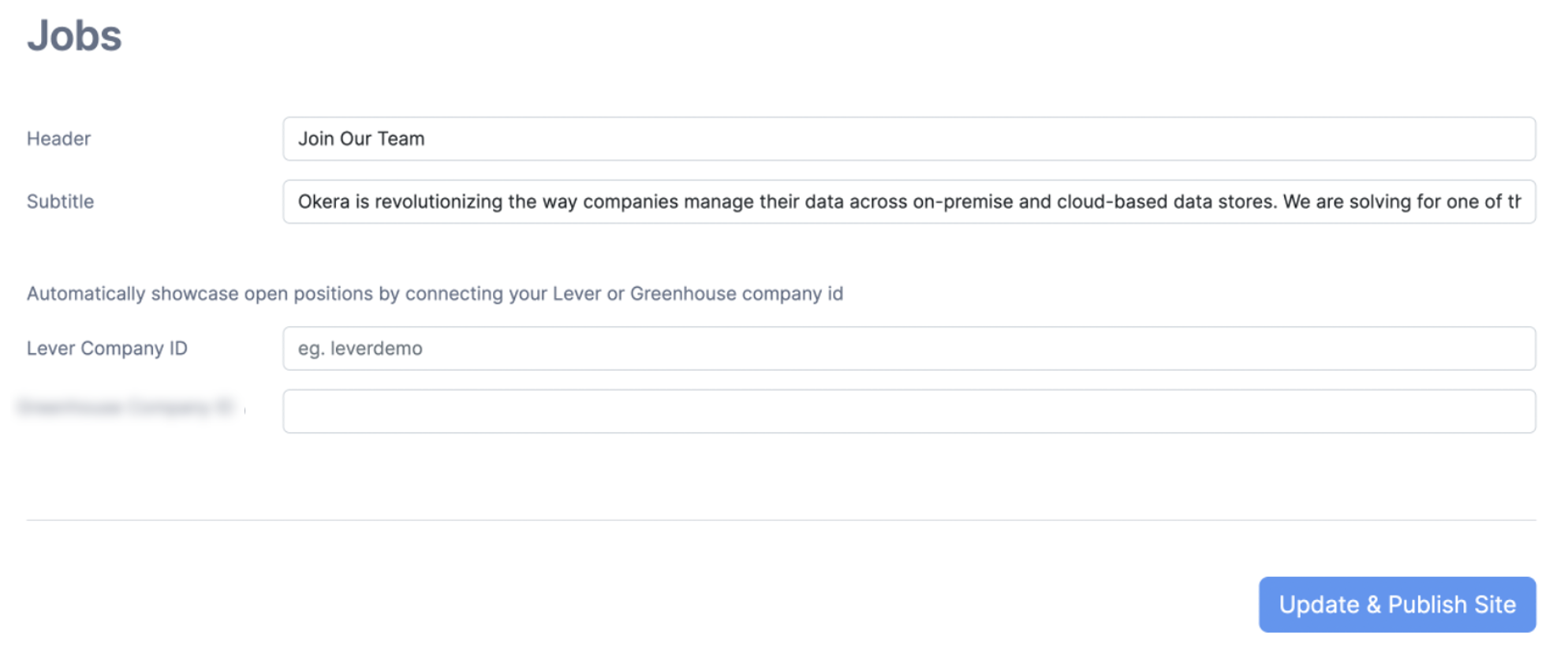 Jobs section of the beehive careers page showing header, subtitle, and lever company ID fields