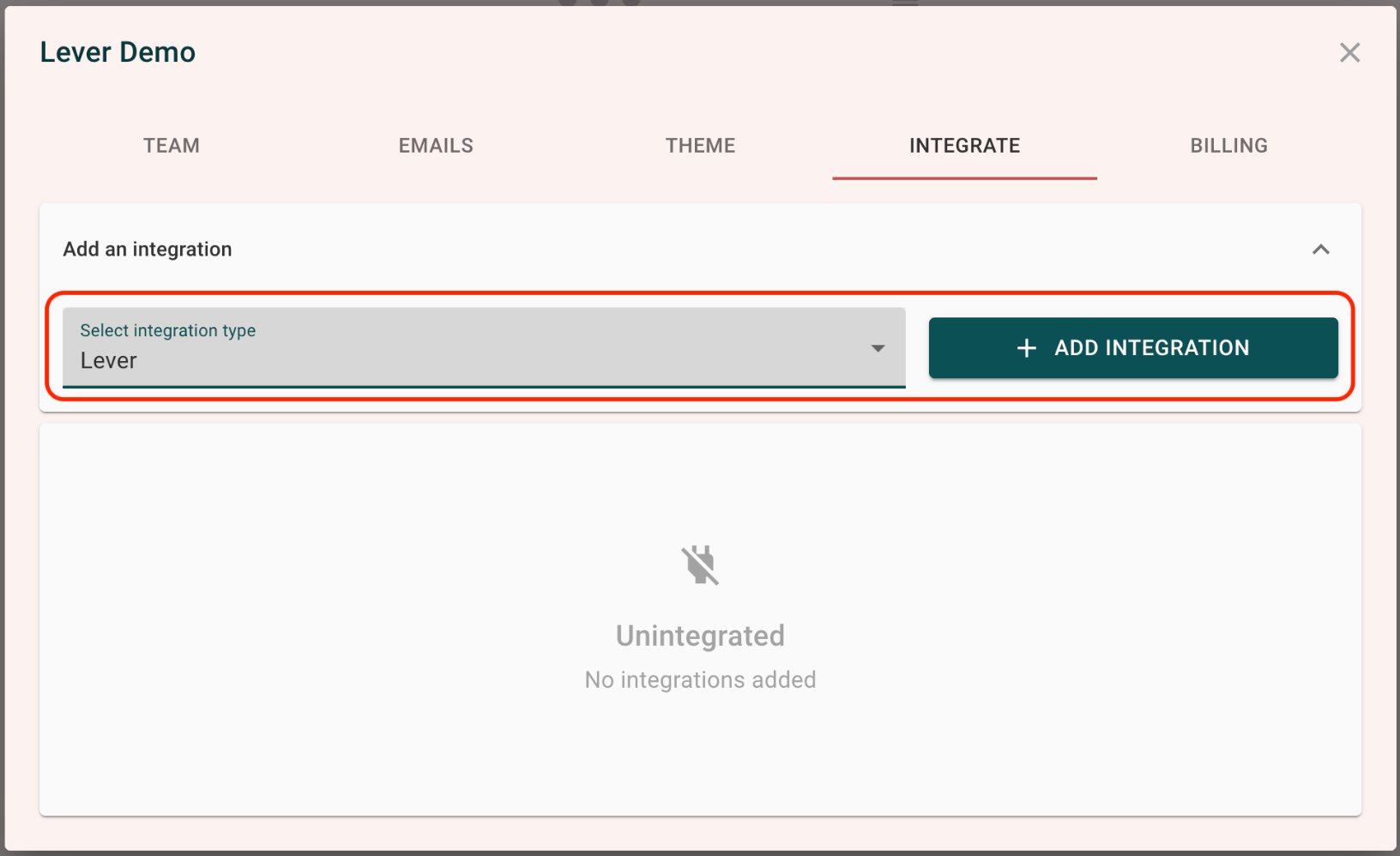 Canvass platform with Lever selected from integration type menu and add integration button outlined.
