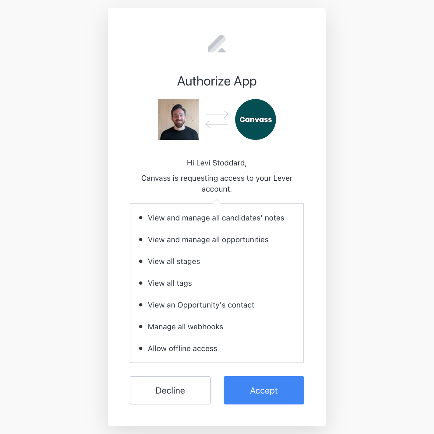 Lever authorize app modal with list of permissions and blue accept button.