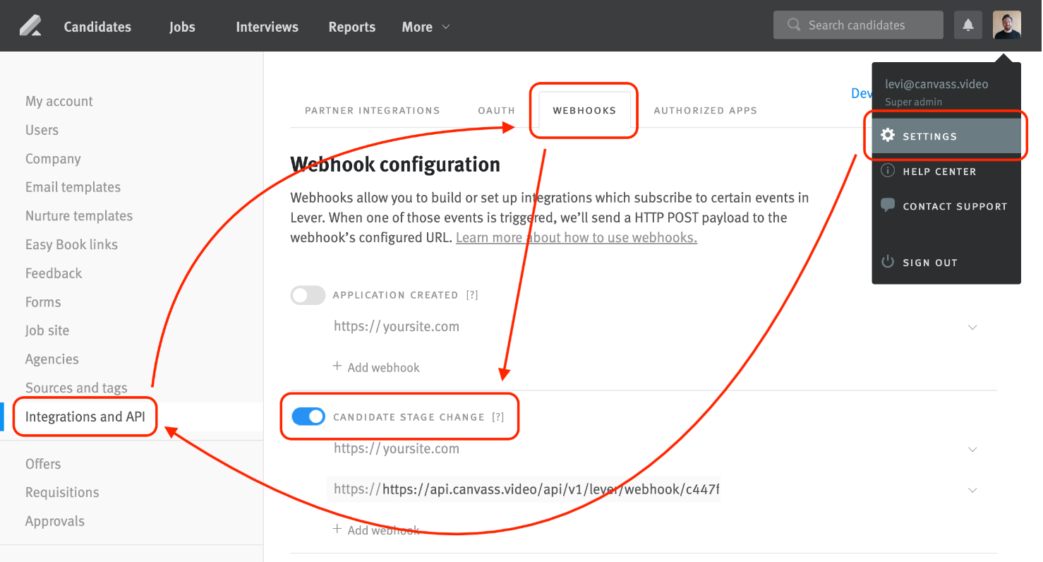 Lever platform integrations and API page showing webhooks tab and candidate stage change toggle outlined.