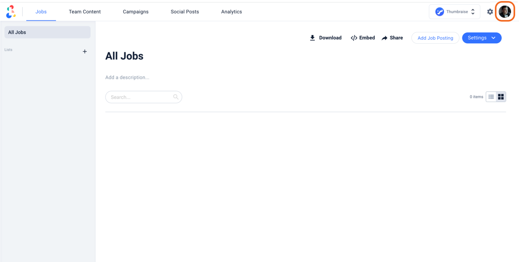 Largely jobs page with profile picture outlined