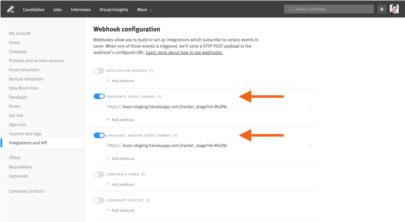 Arrows pointing to candidate stage change and archive state webhooks.