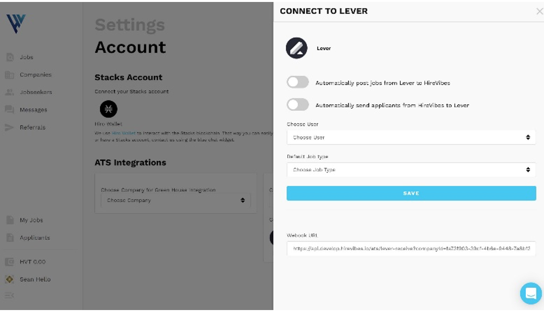 Hirevibes settings showing connect to lever section