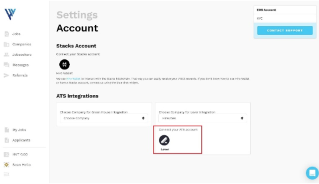 Hirevibes settings with Lever card outlined